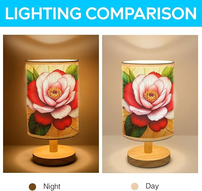 Camellia Table Lamp LED 3-Color Pressed Bedside, Camellia Shade Lamp with Wood Base for Bedroom Living Room Desk Office TL01