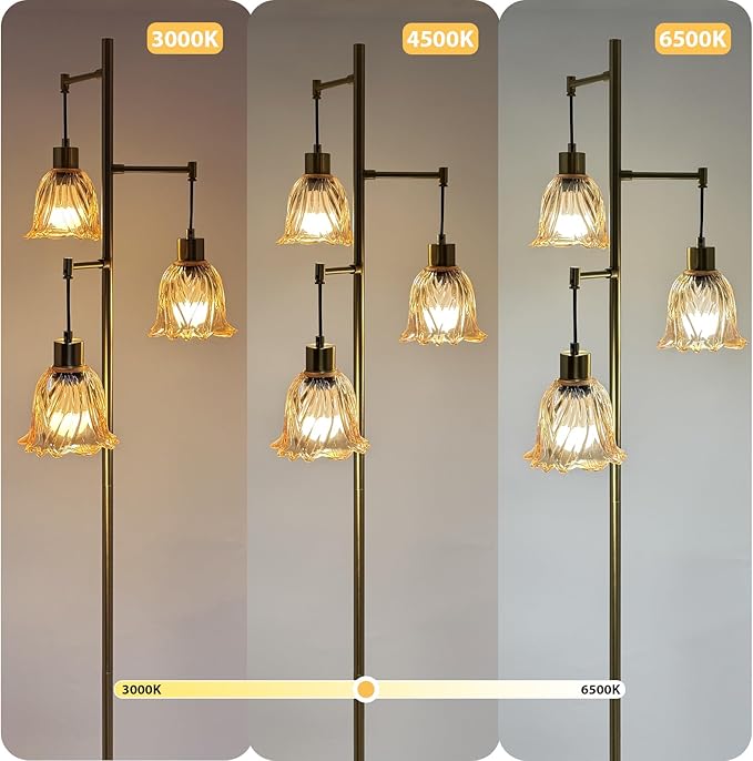 Mid-Century Modern Floor Lamp with Gold Flower Glass Shade - Vintage Brass Tree Standing Light for Living Room, Bedroom, Reading Book - Farmhouse, Bohemian, Boho Chic Home Decor