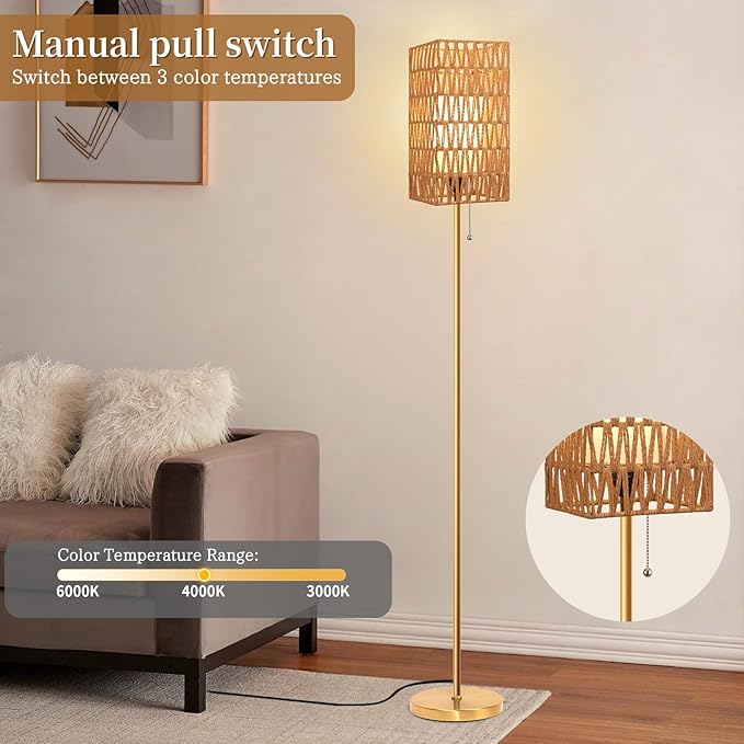 Floor Lamp for Living Room,Farmhouse Floor lamp,Modern Standing lamp with Hand-Worked Rattan Shade (Square Rattan Shade Body Gold Color-3 Color Bulb)