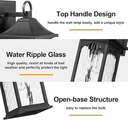 Porch Lights Outdoor Wall Light Fixtures 12.8 Inch with Water Ripple Glass, Black Wall Sconces Set of Two,Waterproof Aluminum Outside Lights for House Front Door Garage