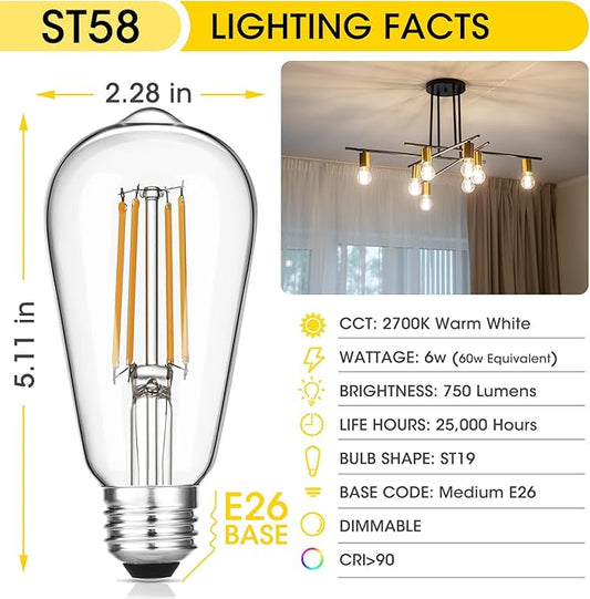 Vintage LED Edison Bulbs, 6W, Equivalent 60W, Dimmable, High Brightness Warm White 2700K, ST58 Antique LED Filament Bulbs with 90+ CRI, E26 Medium Base, Clear Glass, Pack of 16
