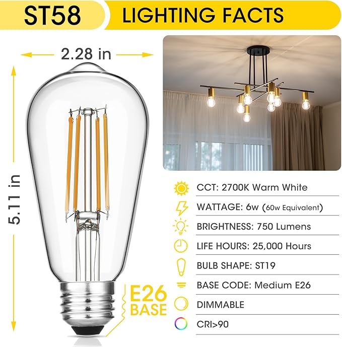 Vintage LED Edison Bulb Dimmable 60W Equivalent 750 Lumens, 6W Light Bulbs Warm White 2700K, Antique ST58 Filament Bulb E26 Base, CRI 90+, Clear Glass, Pack of 24