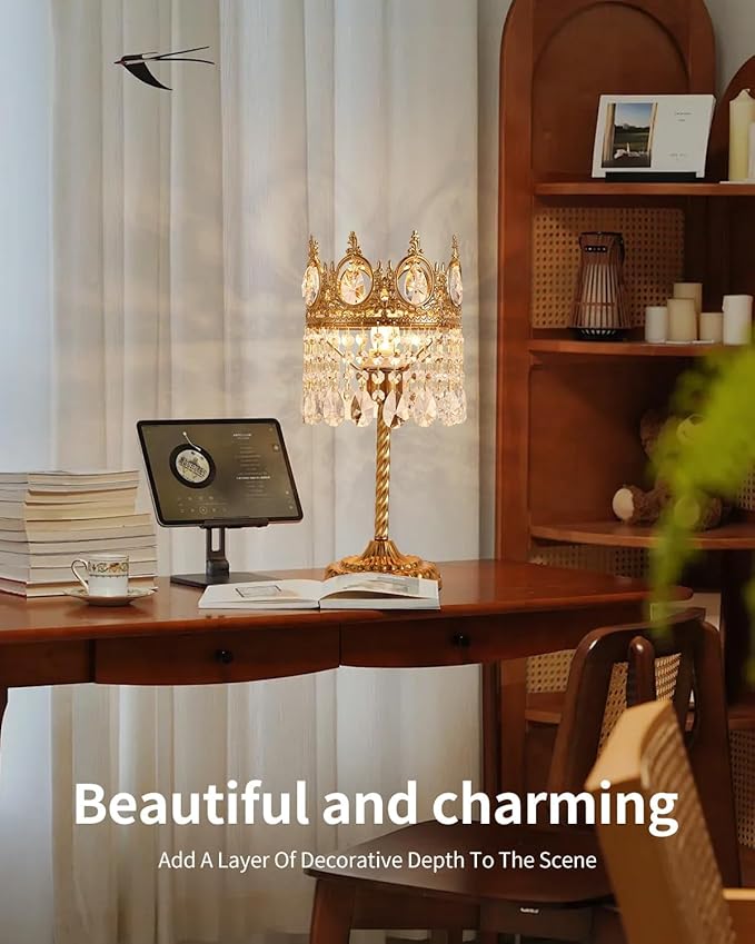 Vintage Gold Crown Shape Crystal Table Lamp for Living Room, Small Bedside Nightstand Lamp for Bedroom, Decorative Farmhouse Table Lamp Desk Lamp for Kitchen Dining Room Home Office