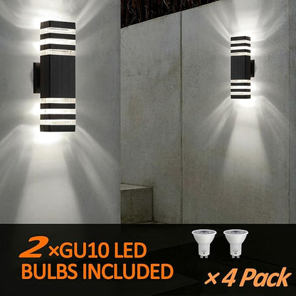 tewei 4 Pack Outdoor Wall Lights, Modern Exterior Light Fixture Wall Mount Black Outside Lights for House Waterproof Aluminum Up and Down Porch Lights Outdoor Wall for Porch Patio Garage, 3-Layer