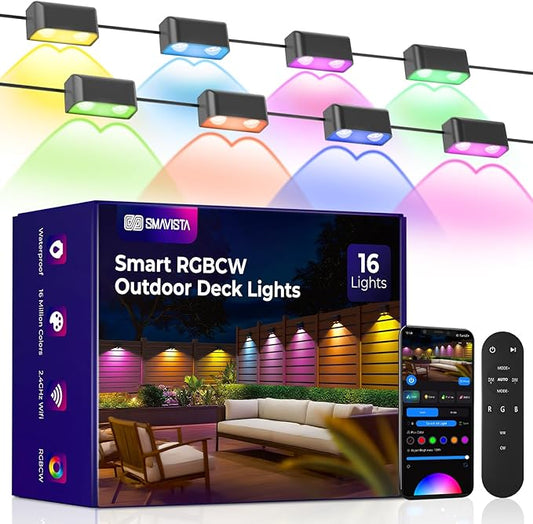 Outdoor Deck Lights 16 Packs, Smart RGBCW Fence Light, 100+ Scene Modes, Dual Lens LED String Lights with APP/Voice/Remote Control, IP65 Waterproof for Halloween Christmas Decor, 105ft Black