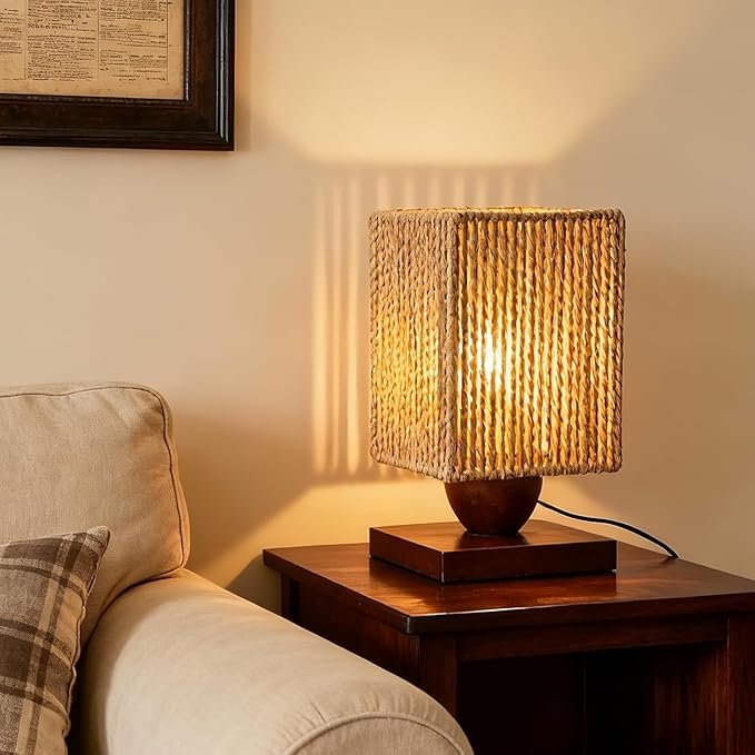 Boho Small Table Lamp,Vintage Wicker Wooden Nightstand Bamboo Woven End Table Lamps,Farmhouse Rattan Beside Lamp for Room Decor, for Bedroom Living Room Desk Kids Room(LED Bulb Included) (A)
