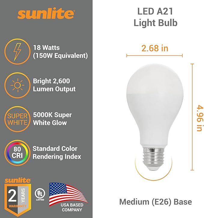 Sunlite LED A21 Light Bulb, 18 Watts (150W Equivalent), 2600 Lumens, 120V, Dimmable, Medium E26 Base, 220 Degree Beam Angle, UL Listed, RoHS Compliant, 5000K Daylight, 6 Pack