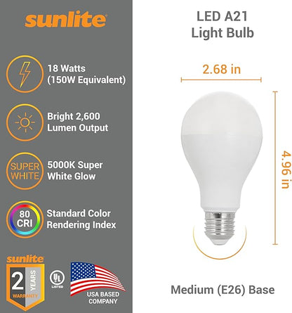 Sunlite LED A21 Light Bulb, 18 Watts (150W Equivalent), 2600 Lumens, 120V, Dimmable, Medium E26 Base, 220 Degree Beam Angle, UL Listed, RoHS Compliant, 5000K Daylight, 6 Pack