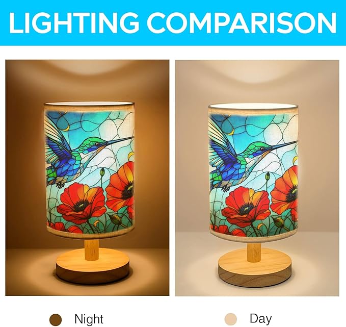 Poppy Humminhbird Table Lamp LED 3-Color Pressed Bedside, Poppy Humminhbird Shade Lamp with Wood Base for Bedroom Living Room Desk Office