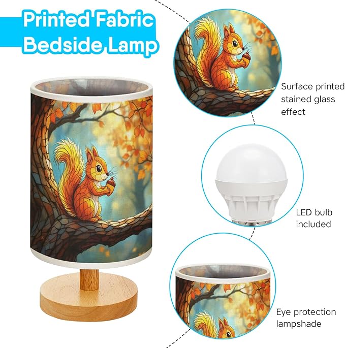 Squirrel Table Lamp LED 3-Color Pressed Bedside, Squirrel Shade Lamp with Wood Base for Bedroom Living Room Desk Office TL01