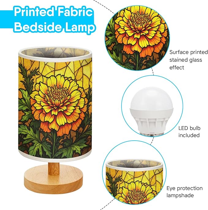 Marigold Table Lamp LED 3-Color Pressed Bedside, Marigold Shade Lamp with Wood Base for Bedroom Living Room Desk Office TL01