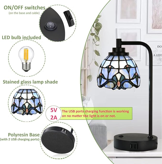 TL0016 Tiffany Table Lamp with 2 USB Charging Ports, Desk Lamp with Blue Baroque Stained Glass Lamp Shade, Retro Nightstand H 14.5" for Bedrooms Office Study, LED Bulbs Included (Blue)