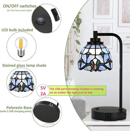 TL0016 Tiffany Table Lamp with 2 USB Charging Ports, Desk Lamp with Blue Baroque Stained Glass Lamp Shade, Retro Nightstand H 14.5" for Bedrooms Office Study, LED Bulbs Included (Blue)