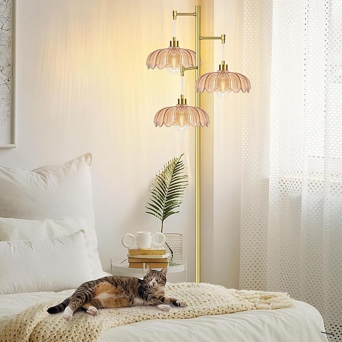 Glass Floor Lamp for Living Room,Bedroom,Gold Mid Century Modern Standing Lamp Brass Tree 3 Light Tall Floor Lamps Vintage Retro Floor Lights Flower Lamp Shade Farmhouse Boho Bohemian