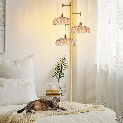 Glass Floor Lamp for Living Room,Bedroom,Gold Mid Century Modern Standing Lamp Brass Tree 3 Light Tall Floor Lamps Vintage Retro Floor Lights Flower Lamp Shade Farmhouse Boho Bohemian