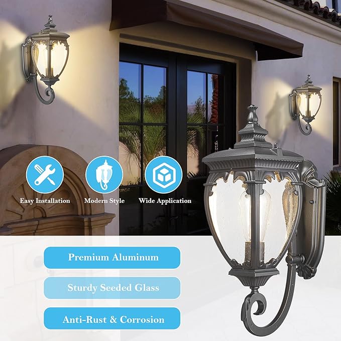 Porch Light Outdoor Wall Lights Exterior Lighting Fixtures, 18.7 Inch Waterproof Black Porch Lights Outdoor Wall Sconces Light Fixture with Seeded Glass for Outside Patio Garage