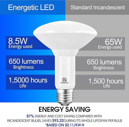 Energetic LED BR30 Flood Light Bulbs Indoor, Cool White 4000K, Dimmable, 65 Watts Recessed Light Bulbs for Cans, 650 Lumen, ETL Listed, 2 Pack