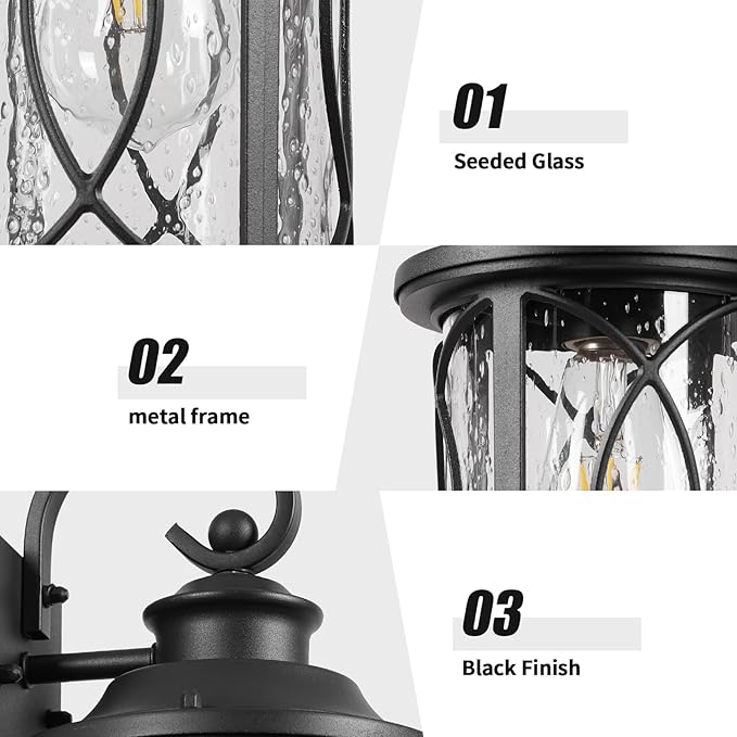 Treekee Outdoor Light Fixture Wall Mount, Modern Exterior Wall Sconce with Seeded Glass & E26 Sockets for Front Porch, Farmhouse Rustic Black Wall Lantern Lamp for Patio Garage Home Yard