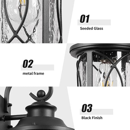 Treekee Outdoor Light Fixture Wall Mount, Modern Exterior Wall Sconce with Seeded Glass & E26 Sockets for Front Porch, Farmhouse Rustic Black Wall Lantern Lamp for Patio Garage Home Yard