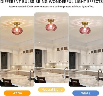 Red Glass Semi Flush Mount Ceiling Light - 2 Pack,7.9 Inch Small Hammered Art Deco Glass Hallway Light fixtures, Vintage Gold Flush Mount Ceiling Light for entryway Foyer Laundry Room Kitchen