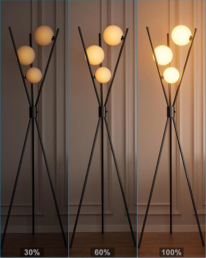 3 Globe Dimmable Tripod Floor Lamp, Mid Century Standing Lamps with 3Pcs 3000K Bulbs Included, Modern Tall Lamp for Living Room Bedroom Office-Black