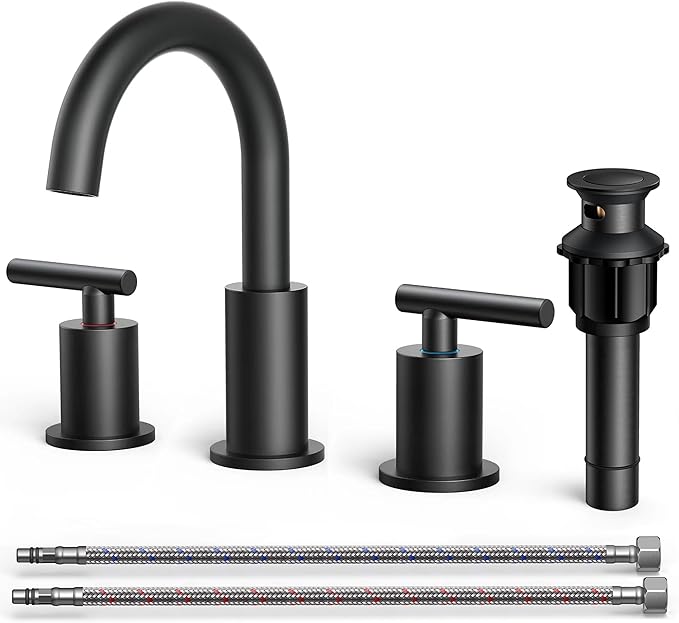 FORIOUS Black Bathroom Faucet 3 Hole, 8 Inch Matte Black Bathroom Sink Faucet Widespread with 360° Swivel Spout, Suitable for 6-12 Inch Vanity Sink, with Pop-up Drain and cUPC Supply Line