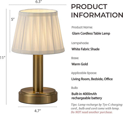 11'' Vintage Antique Brass Type-C Rechargeable Cordless LED Table Lamp Touch Control Mini Desk Lamp with Fabric ShadeDimmable Nightstand Light for Bedroom Living Room Study Room