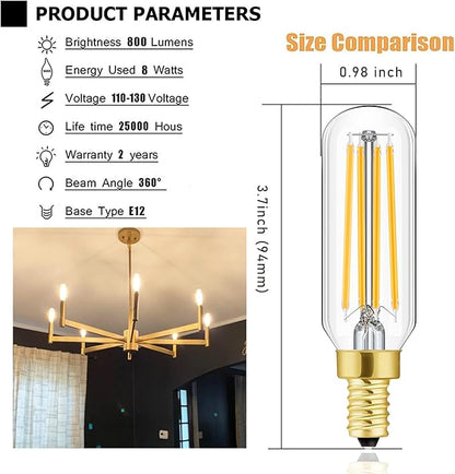 Dimmable T6 LED Bulbs, 8W E12 Edison Light Bulbs Soft White 3000K,800lm, 100W Candelabra Incandescent Bulbs Equivalent Vintage LED Filament Edison Candle Bulb with Decorative, 6Pack.