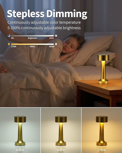 PUSU Cordless LED Gold Small Table Lamps Set of 2, Portable Rechargeable 4000mAh Battery Operated Desk Lamp, 3 Color Stepless Dimming for Kids, Restaurant, Bedside, Outdoor, Bar, Night Light, Gift