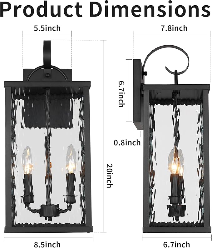 Outdoor Wall Light Fixture, 2-Light Modern Black Exterior Wall Lantern with Water Ripple Glass, Matte Rustic Waterproof Wall Sconce for Porch, Garage, Yard, Front Door, Patio, Garden