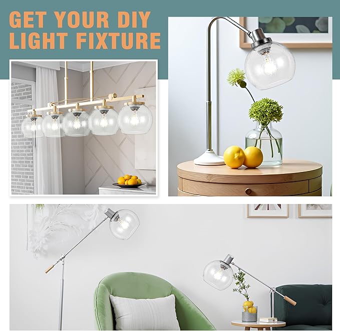 2 Pack Clear Seeded Glass Shades Globes, Glass Lamp Shade Covers Replacements for Light Fixtures, 1.65 Inch Fitter Transparent Lampshades for Chandelier Wall Sconces Vanity Lights Pendant Lights