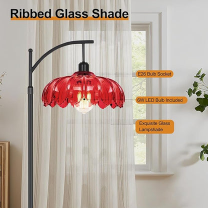 Unique Floor Lamp for Living Room with Remote,Arc Vintage Flower Standing Tall Lamp,Black Dimmable Floor Lamp with Red Glass Shade,Modern Mid Century Floor Lamps for Bedroom Office Corner