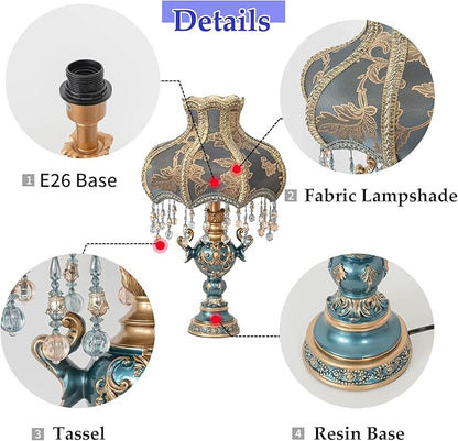 Victorian Style Table Lamp, Antique Flower Decorative Bedside Desk Lamp, Blue Fabric Night Light Elegant Bedside Nightstand Lamps for Bedroom Living Room