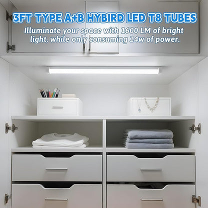 Romwish 36 Inch T8 LED Tube Light, 14W(30W Equiv.), 1600LM, 5000K Daylight, Type A+B Plug & Play or Ballast Bypass, F25T8 Fluorescent Replacement, Double-Ended Power, Under Cabinet Light, 4 Pack