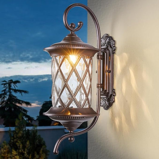 Oil Rubbed Bronze 24" Large Outdoor Coach Light Retro Exterior Waterproof Wall Lantern, Waterproof Aluminum Patio Sconce Light Brown Wall Mount Lamps with Water Glass for Garage, Front Door Garden