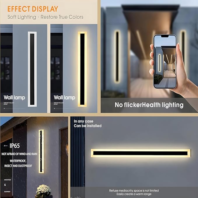 2Pack 39inch Long Outdoor Modern LED Wall Light,30W Waterproof IP65 Warm White 110V led Wall Mount Lighting Fixture Rectangular Black Wall Lights Elegant Frosted White Acrylic Anti Rust