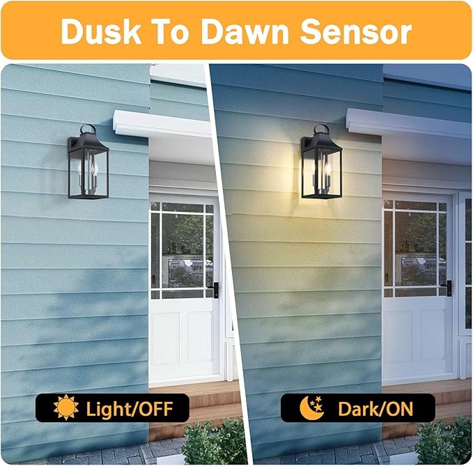 15" Dusk to Dawn Black Outdoor Wall Lantern, Outside Modern Wall Sconce Light Fixture, Porch Light Wall Mount with E12 Socket and Glass, Waterproof Exterior Lamp Lighting for Patio Garage, 1Pack