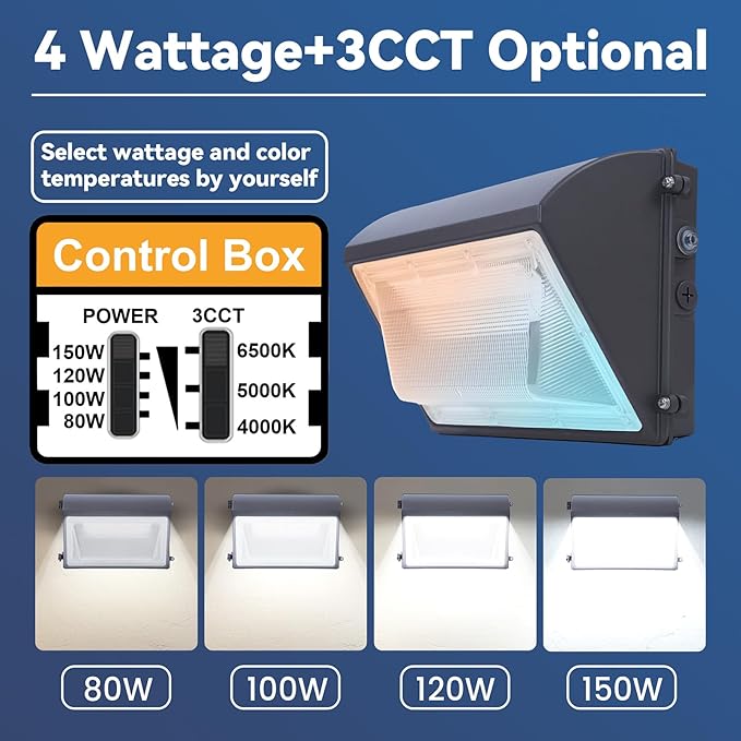 150W LED Wall Pack Light with Photocell, 4000/5000/6500K 3CCT, 80/100/120/150W Selectable, Security Lighting Dusk to Dawn Outdoor LED wall lights for Parking Lot Warehouse, 100-277VAC, ETL Listed