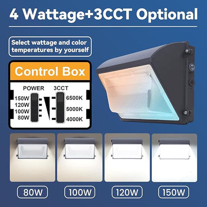 150W LED Wall Pack Light with Photocell, 4000/5000/6500K 3CCT, 80/100/120/150W Selectable, Security Lighting Dusk to Dawn Outdoor LED wall lights for Parking Lot Warehouse, 100-277VAC, ETL Listed