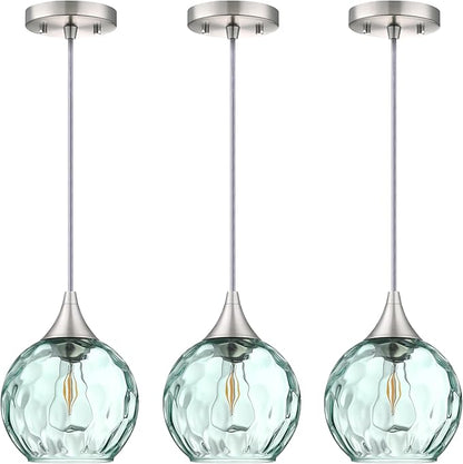 6.3" Hammer Green Glass Pendant Light 3 Pack Pendant Ceiling Light Fixtures Brushed Nickel Finish Modern Farmhouse Dinning Over Sink Adjustable Height Cord