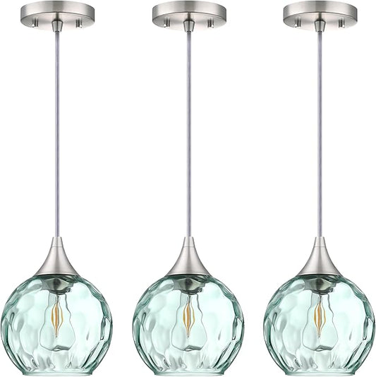 6.3" Hammer Green Glass Pendant Light 3 Pack Pendant Ceiling Light Fixtures Brushed Nickel Finish Modern Farmhouse Dinning Over Sink Adjustable Height Cord