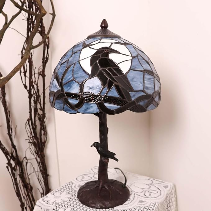 Bieye S10956 Raven Sitting on Bare Tree Tranch Against Full Moon Tiffany Style Stained Glass Lampshade (Dark Blue, 12Wx7.75H)