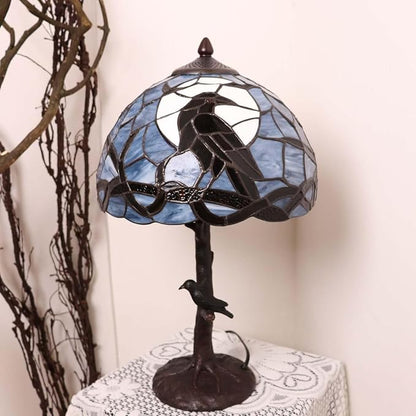 Bieye S10956 Raven Sitting on Bare Tree Tranch Against Full Moon Tiffany Style Stained Glass Lampshade (Dark Blue, 12Wx7.75H)
