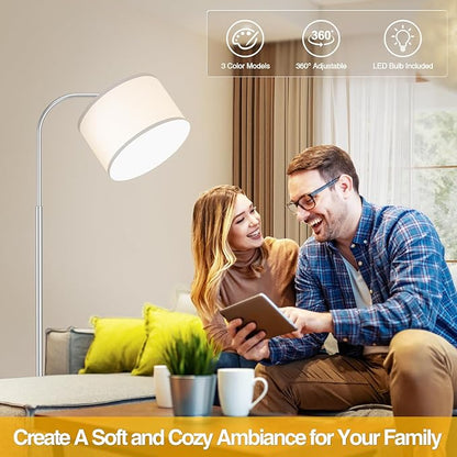 Arc Floor Lamps for Living Room with 3 Color Temperatures, Modern Floor Lamp Reading Light with 9W Bulb Included, Standing Lamp with Adjustable White Hanging Shade for Bedroom Office(Silver)