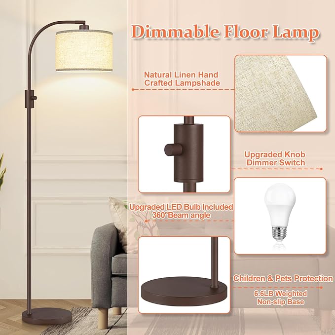 【Upgraded】 Dimmable Matte Brown Floor Lamp, 1200 Lumens LED Bulb Included, Arc Floor Lamps for Living Room Modern Standing Lamp with Linen Shade, Tall Lamp for Living Room Bedroom Office Reading Room