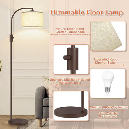 【Upgraded】 Dimmable Matte Brown Floor Lamp, 1200 Lumens LED Bulb Included, Arc Floor Lamps for Living Room Modern Standing Lamp with Linen Shade, Tall Lamp for Living Room Bedroom Office Reading Room
