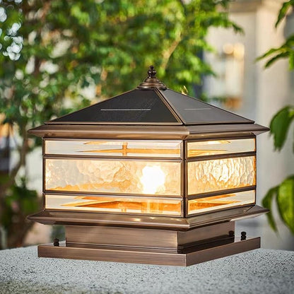 All Copper Steel Glass Outdoor Post Lights, Waterproof Pillar Light, Vintage Patio Lawn Column Lamp,Outdoor Column Lights,Deck Lights, Lantern Fence Lamp Fixture E26 Base (Solar, 12X12in)