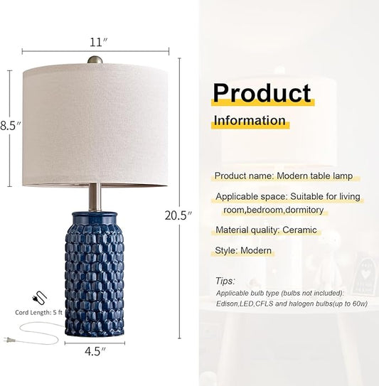 20.5" Set of 2 Bedside Table Lamps Modern Blue Honeycomb Ceramic - Linen Shade, E26 Knob Switch for Living Room, Bedroom & Nightstand