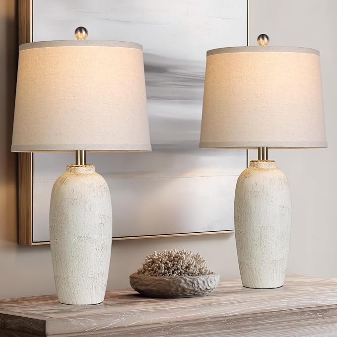 25“ Jar Table Lamps Set of 2, Ceramic Bedside Lamps for Bedroom, Beige Farmhouse Nightstand Lamps for Living Room