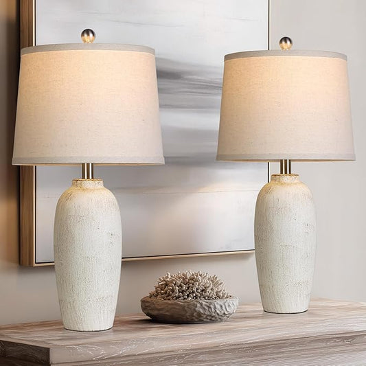 25“ Jar Table Lamps Set of 2, Ceramic Bedside Lamps for Bedroom, Beige Farmhouse Nightstand Lamps for Living Room